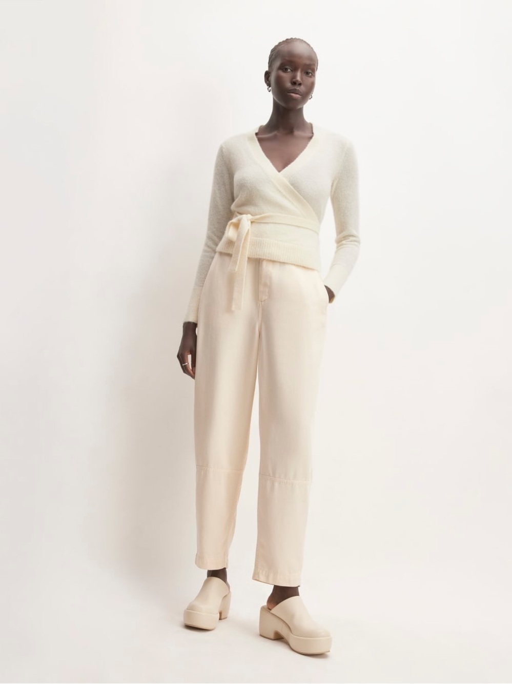Everlane Alpaca Wrap Cream Wrap V-Neck Tie-Waist Sweater - Picture 3 of 11
